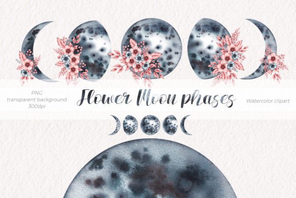 Elevate Your Creative Projects with Flower Moon Phases Watercolor Clipart