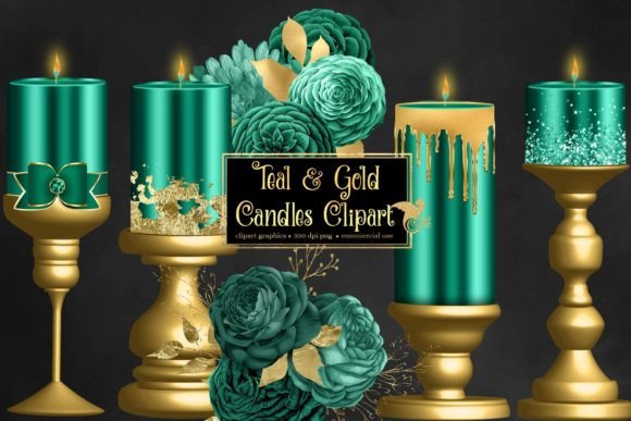 Elevate Your Designs with Premium Teal and Gold Candle Clipart