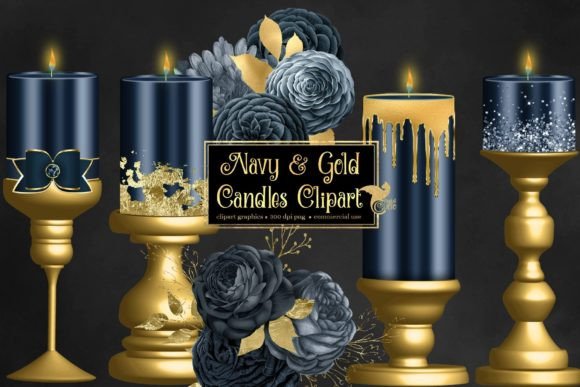 Elevating Design Projects with Navy and Gold Candles Clipart