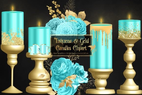 Elevating Digital Design with Turquoise and Gold Candles Clipart
