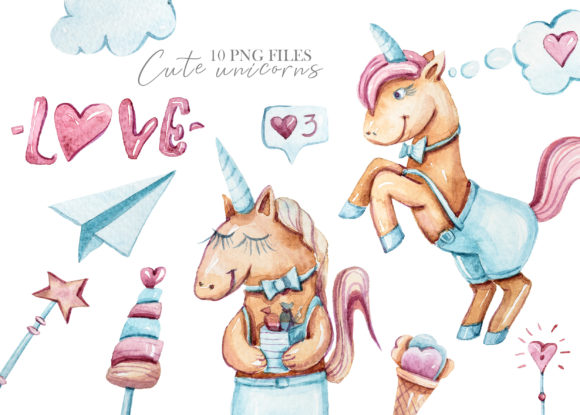 Watercolor Cute Unicorn Clipart: 10 PNG Set